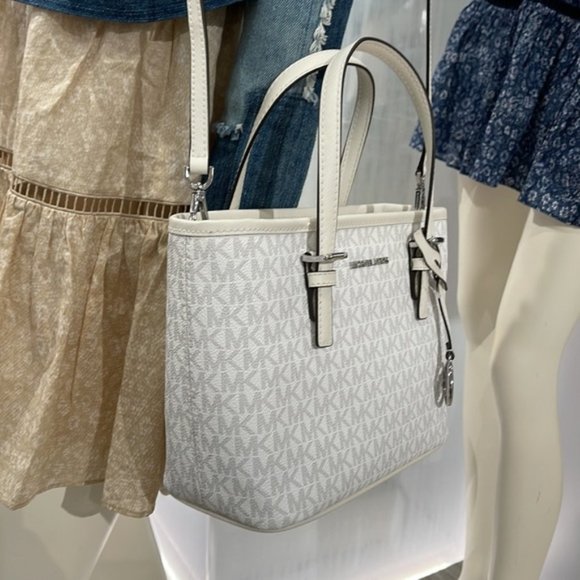 Michael Kors Jet Set Travel Extra-Small Logo Top-Zip Tote Bag Optic White Multi - Picture 14 of 16